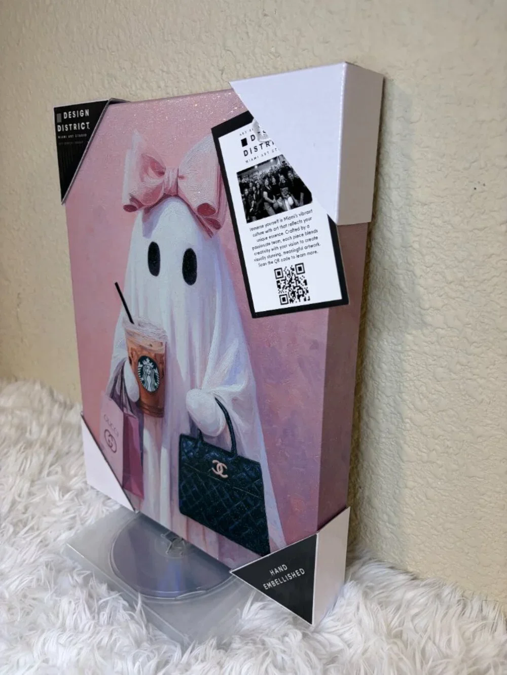 Ghost Fashionista Pink Halloween Canvas Wall Art 11x14 Glitter